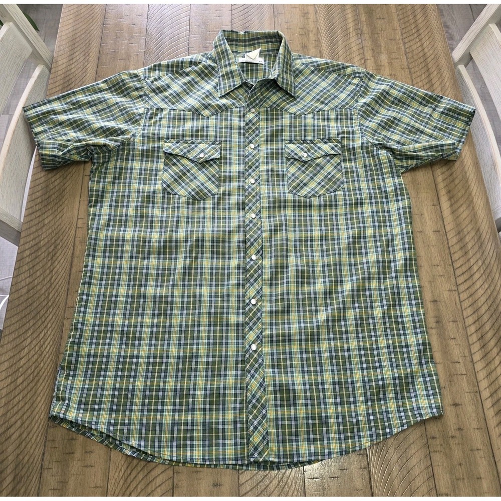 Vtg Y2K Wrangler Western Shirt Men's XL Green Yellow Plaid Pearl Snap SS Yoke